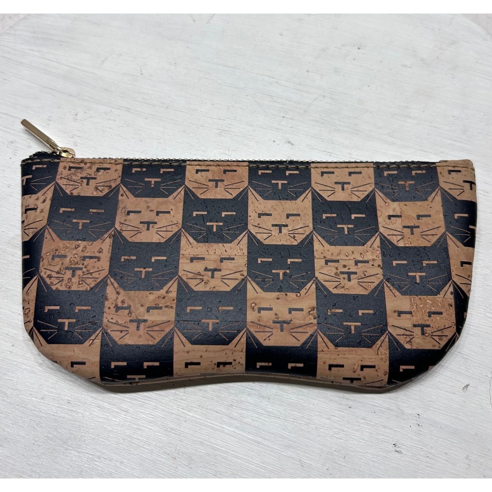 Artipel Cork Cat Print Zipper Pouch Makeup Bag Made in Portugal Tan Black
